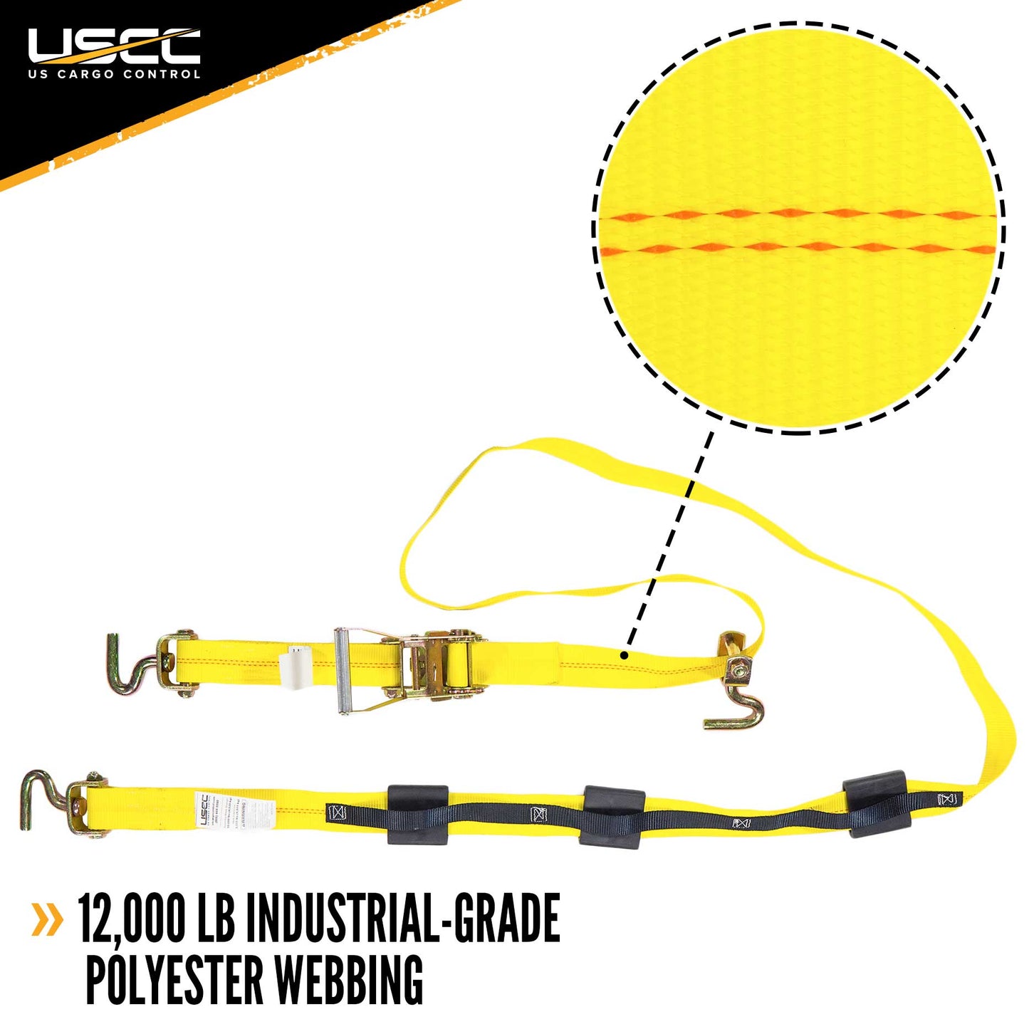 Wheel Strap with 3 Swivel J Hooks with 90 degree hook angle Ratchet and 3 Fixed Rubber Cleats image 2 of 9